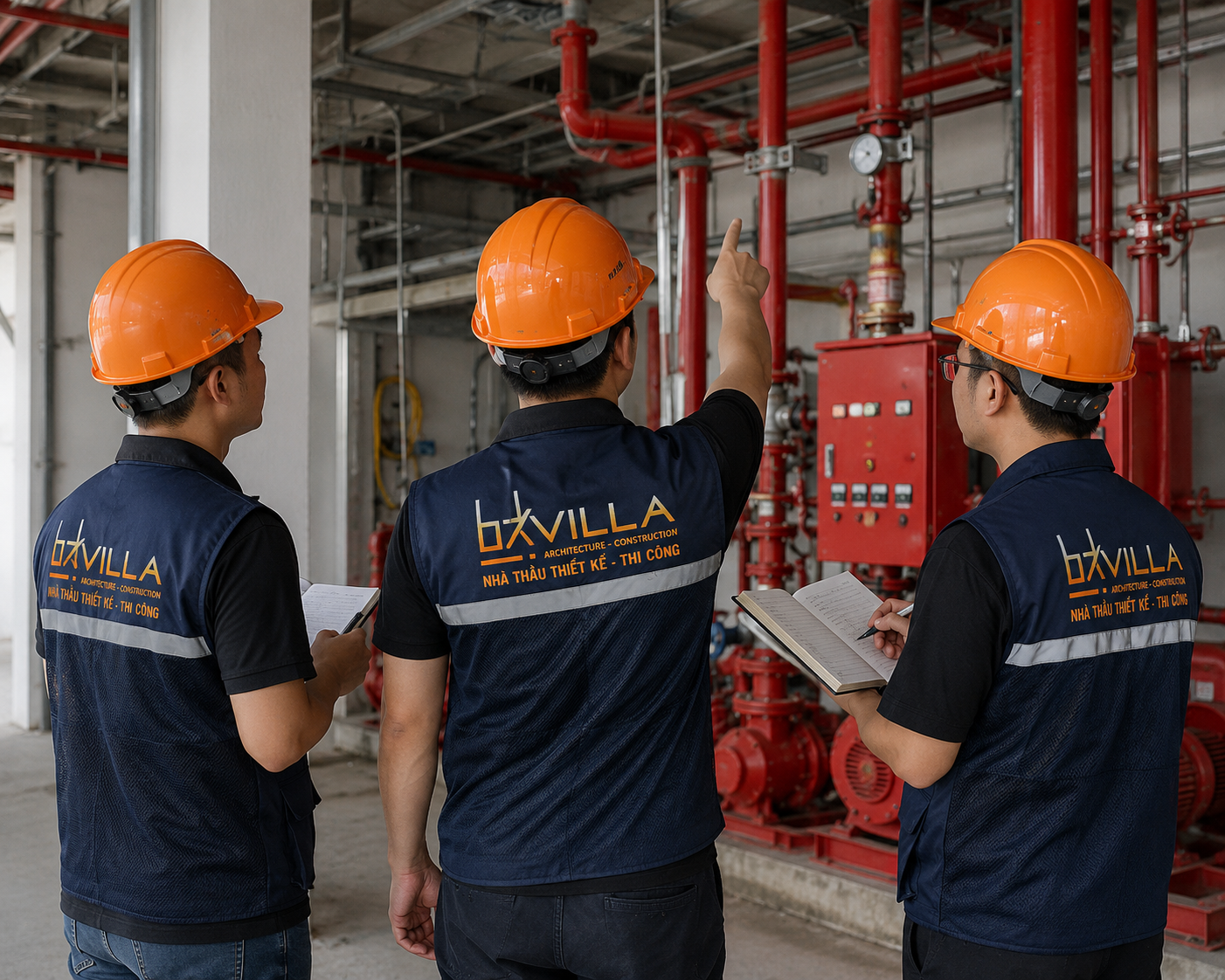 Kỹ sư BK Villa kiểm tra hệ thống cơ điện và PCCC tại công trình